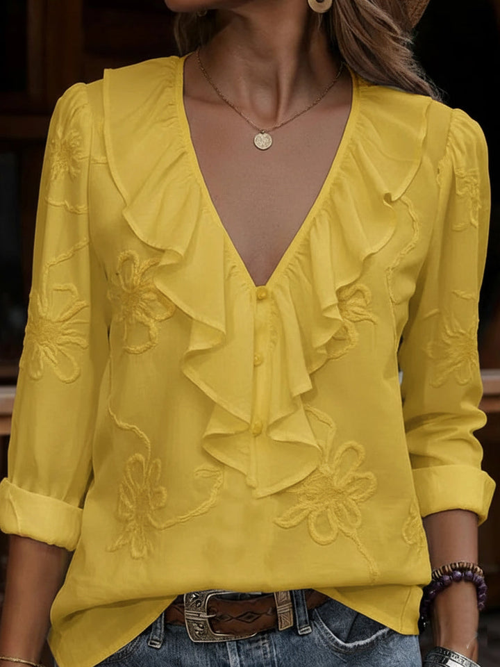 CELESTINE | VINTAGE FLORAL FRILL V-NECK SHIRT