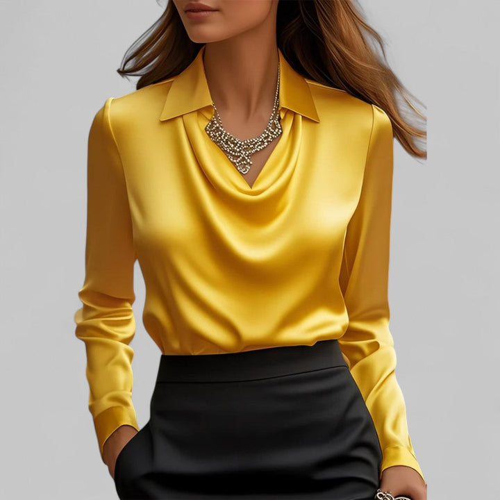Draped Neck Satin Blouse with Long Sleeves