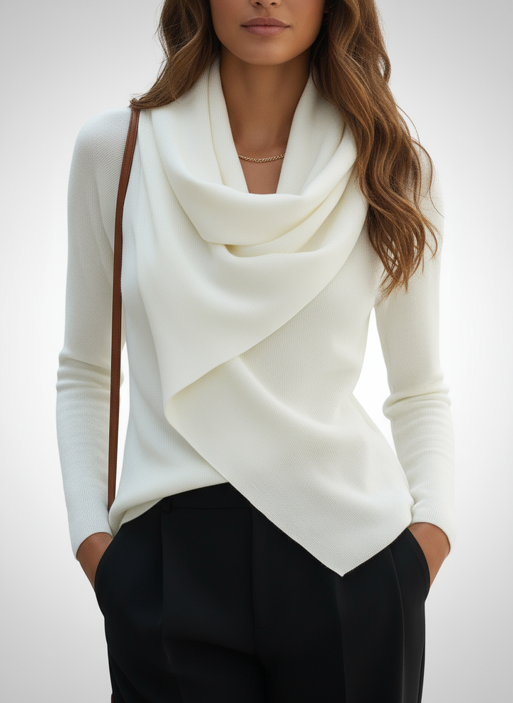 Long-Sleeve Top with Draped Cowl Neck