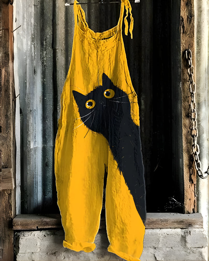 Purrfectly Breezy™ Yellow Artisan Jumpsuit with Black Cat Design