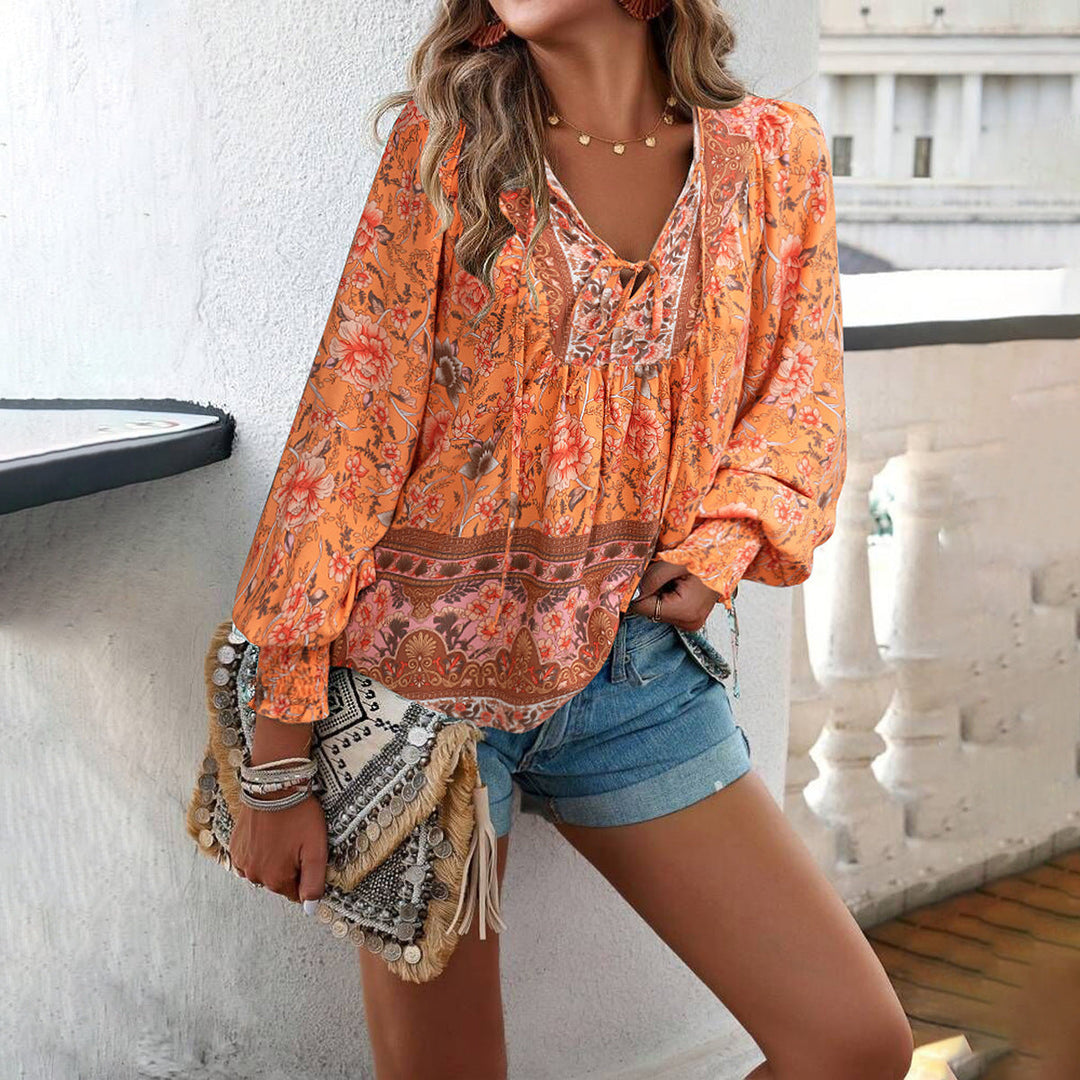 Stylish Floral Tie-Front Blouse Lightweight Breathable Women’s Long Sleeve Top