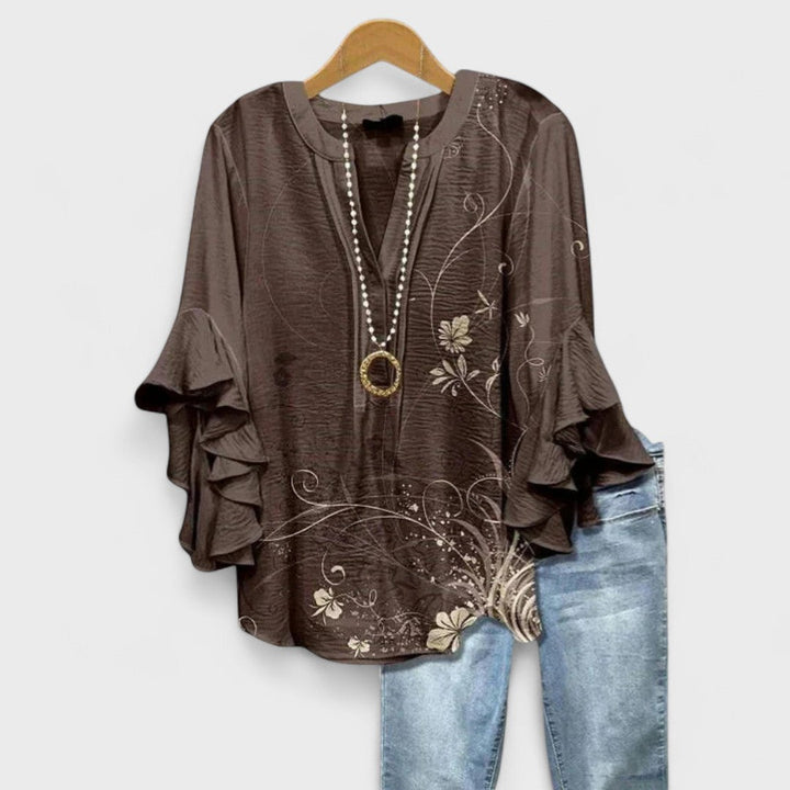 Women’s Floral Ruffle Sleeve V-Neck Blouse