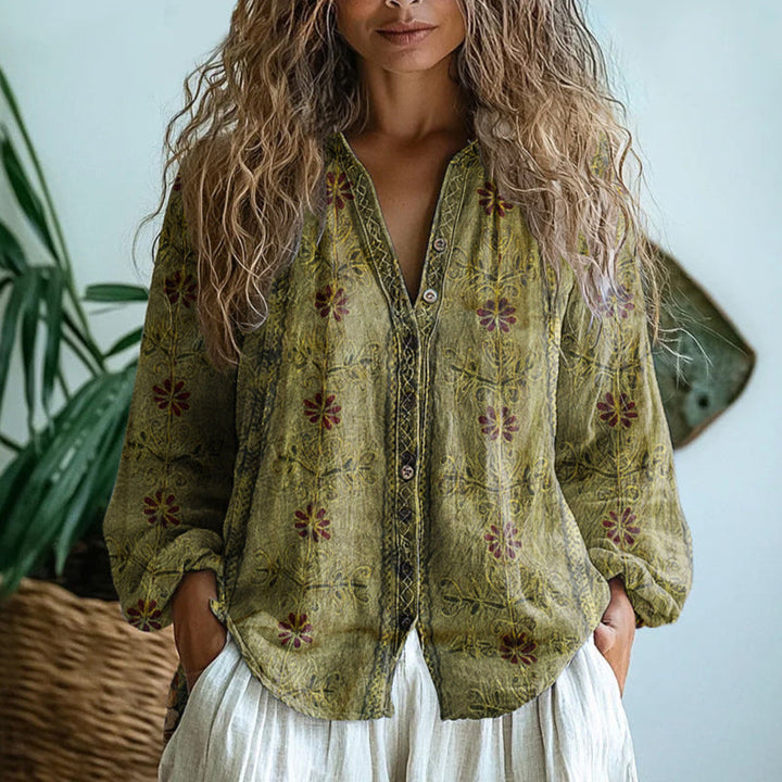 Women’s Vintage Floral Boho Button-Up Blouse