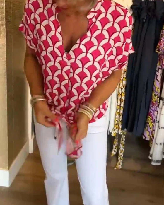 Rania | Geometric Print Tie-Front Blouse